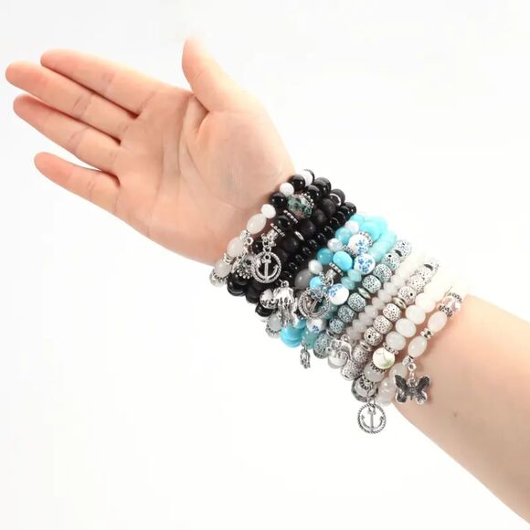 Aqua Boho Beaded Bracelet Set – Butterfly & Elephant Charms – 5 Piece Stack - Picture 5 of 6